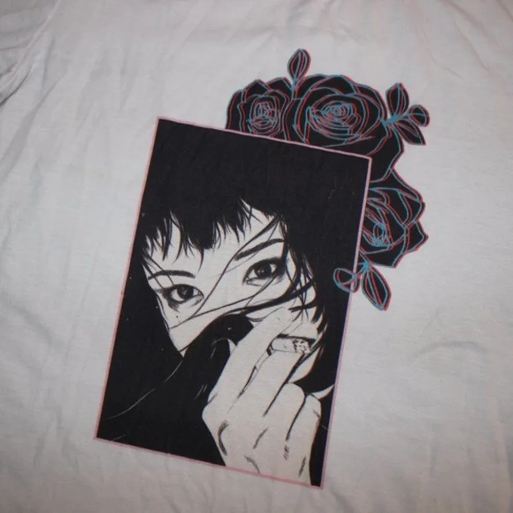 Romwe Smoking Girl w/ Roses White Graphic Tee M - Picture 2 of 5
